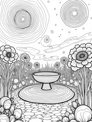 Cosmic Garden with Mandala Circles and Bubble Fountain