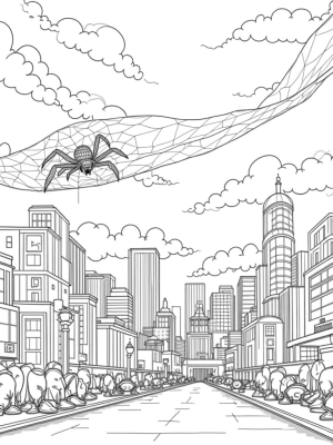 Twilight Urban Skyline with Giant Spider Web and Comic Panels