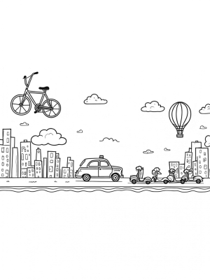 Giant Bicycles and Surfboard Cars in a Colorful Cityscape