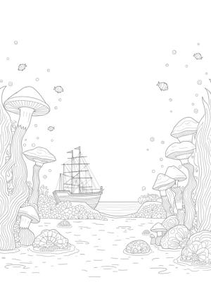 Underwater Garden with Mushroom Coral and Geometric Fish
