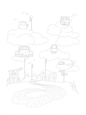 Floating Buses in a Dreamy Cityscape