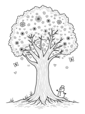 Seasonal Tree with Blossoms, Leaves, and Snow