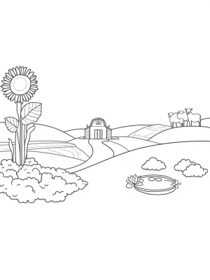 Sunny Farm with a Giant Pie and Colorful Rainbow