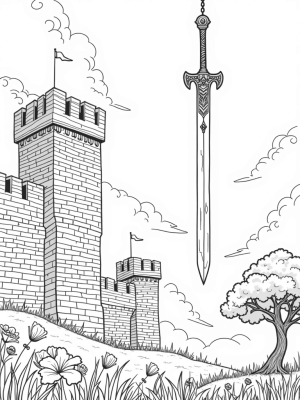 Giant Sword and City Wall with Wildflowers