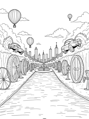 Vintage Car Hot Air Balloons Over a Whimsical Cityscape
