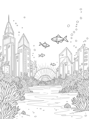 Underwater City with Shark-Shaped Buildings