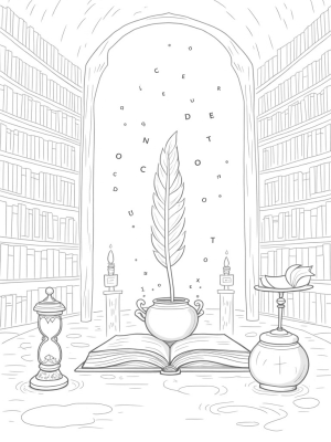 Enchanted Library with Floating Runes and Candles