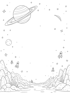 Cosmic Garden with Vibrant Planets and Whimsical Rockets