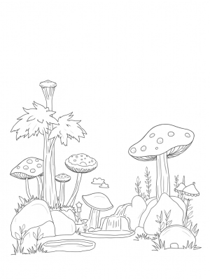 Oversized Mushrooms and Shimmering River in a Magical Forest