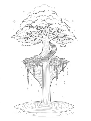Floating Island with Ancient Tree and Waterfall