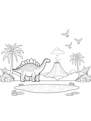 Prehistoric Jungle with Stegosaurus and Pterosaurs