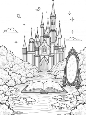 Crystal Castle with Mythical Creatures and Dreamy Reflections
