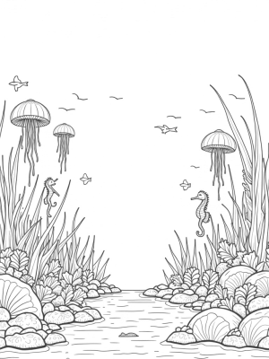 Luminous Jellyfish and Playful Seahorses in an Underwater Garden
