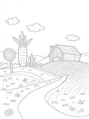 Giant Vegetables and a Carrot Barn in a Whimsical Farm Landscape