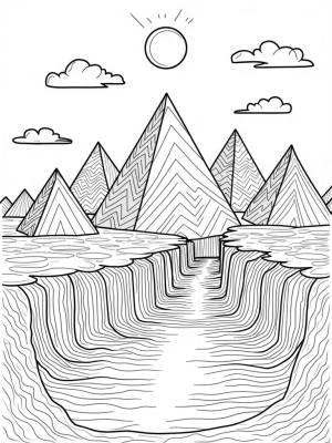 Triangular Landscape with Pyramids and Waterfalls