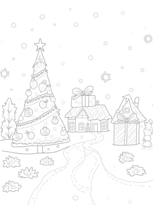 Holiday Village with Gingerbread Houses and a Christmas Tree