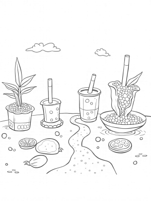 Boba Tea Garden with Colorful Tapioca Pearls