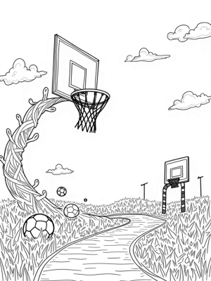 Floating Basketball Hoop with Colorful Flowers and Candy Cane Goalposts