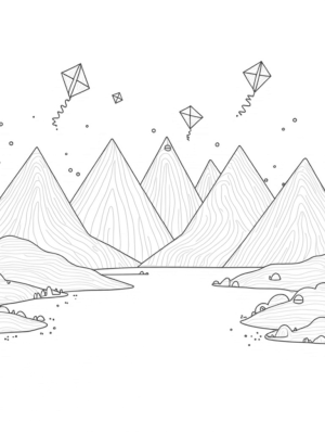 Triangular Mountain Landscape with Kites and Lake