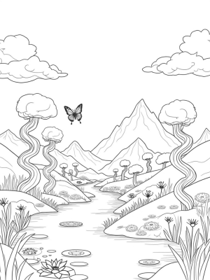 Serene Valley with Spiraling Topiary Trees and River