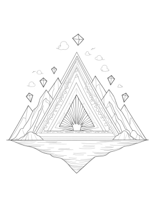 Triangular Mountain Landscape with Kites and Sunburst