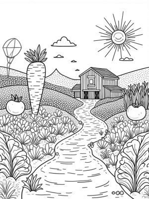 Giant Vegetables and a Whimsical Barn in a Patchwork Field