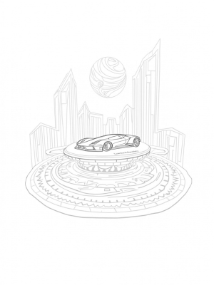 Futuristic Lamborghini Hovercraft in a Geometric Cityscape
