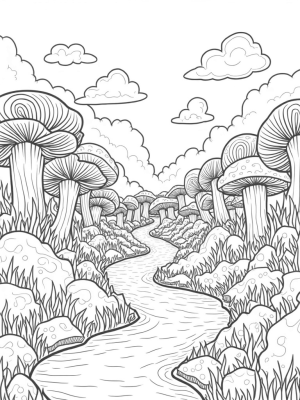 Spiraled Flowers and Towering Mushrooms Landscape
