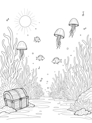 Vibrant Underwater Garden with Jellyfish and Musical Fish
