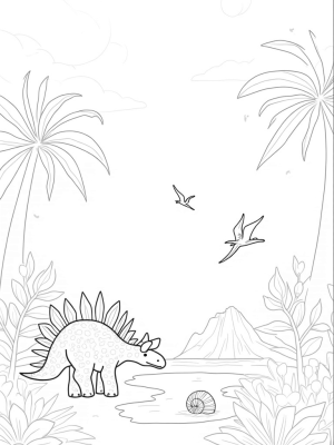 Prehistoric Jungle with Stegosaurus and Pterosaurs