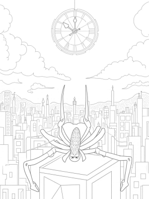 Twilight Urban Skyline with Spider Clock