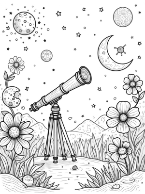 Cosmic Garden with Telescope and Starry Flowers