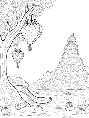 Giant Fruits and Cupcake Mountain in a Colorful Orchard