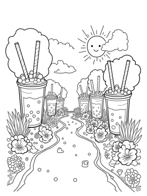 Boba Tea Garden with Oversized Cups and Rainbow Straws