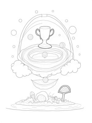 Floating Sports Arena with Giant Balls and Trophies