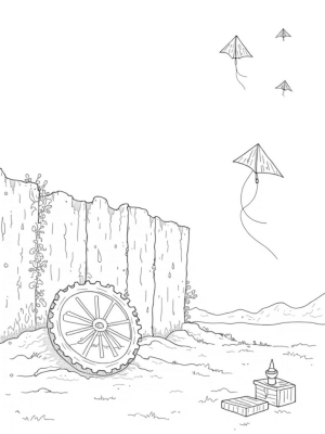 Crumbling Wall with Giant Gear and Flying Kites