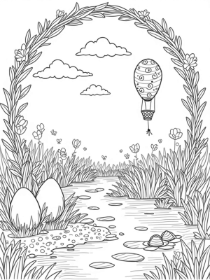 Giant Carrot Hot Air Balloon in a Colorful Egg Garden