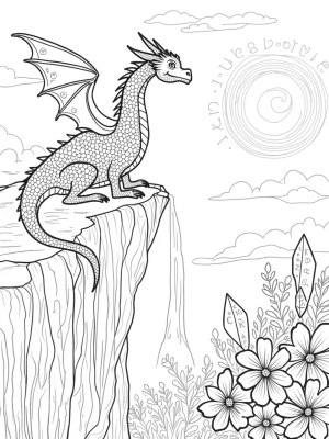 Dragon on a Cliff with Colorful Gemstones and Flowers