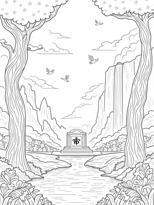 Serene Garden with Iridescent Trees and a Glowing Tablet