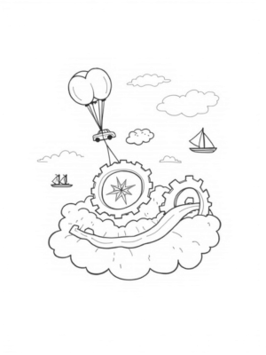 Floating City with Vintage Car and Colorful Balloons