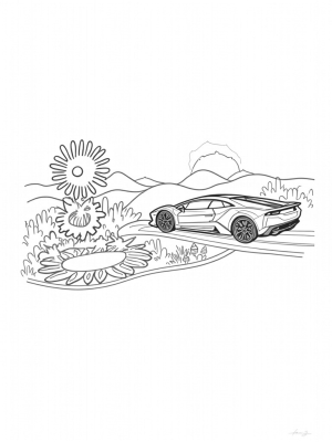 Futuristic Lamborghini Over a Mechanical Garden