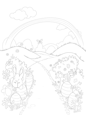 Pastel Eggs and a Playful Bunny in a Colorful Garden
