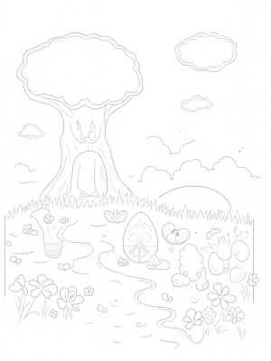 Giant Flowers and Decorated Eggs in a Whimsical Garden