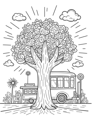 Giant Bus-Shaped Tree on a Whimsical City Street