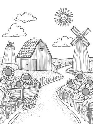 Giant Veggies and a Smiling Sun in the Farmyard