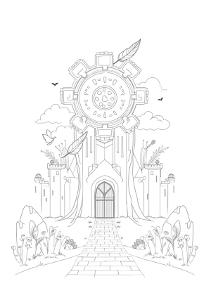 Giant Gear Fortress with Vines and Poppies