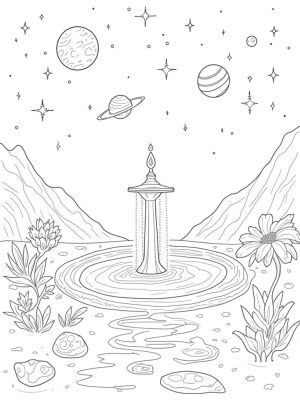Cosmic Garden with Flowering Planets and a Spiral Galaxy Fountain