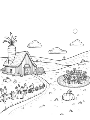 Giant Carrot Barn and Sunny Farm Landscape