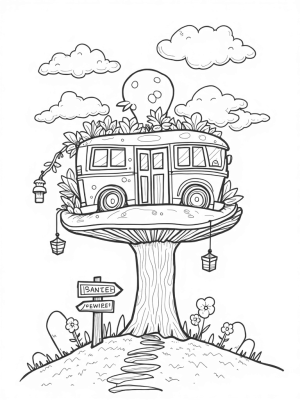 Bus-Shaped Treehouse on a Giant Mushroom
