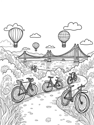 Hot Air Balloons and Quirky Bicycles in a Colorful Cityscape